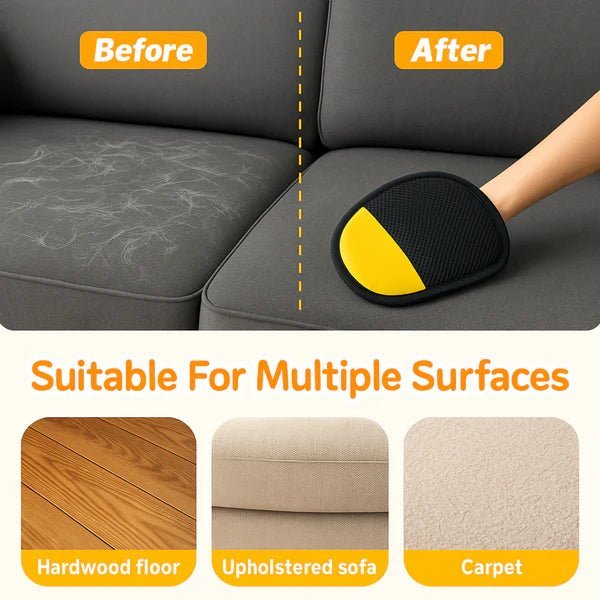 Reusable glove pad for lifting pet hair and lint from household fabrics