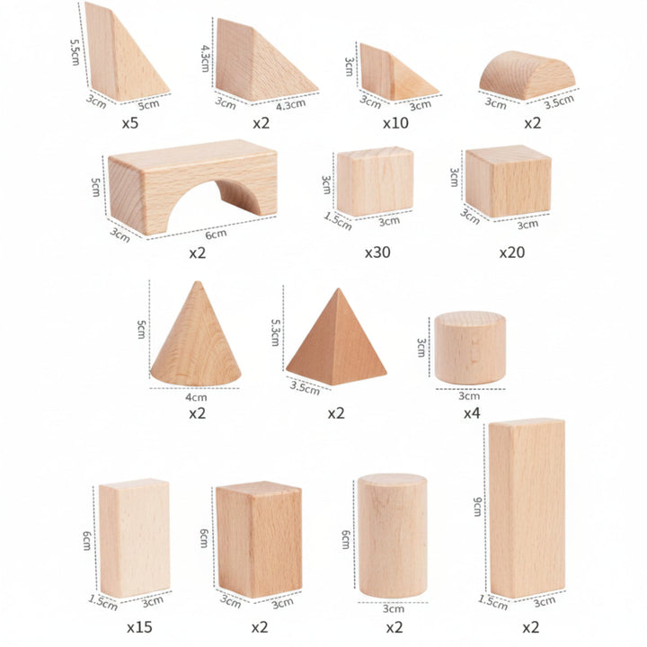 Measurement chart showing wooden block shapes, dimensions, and quantities for the 100-piece natural set
