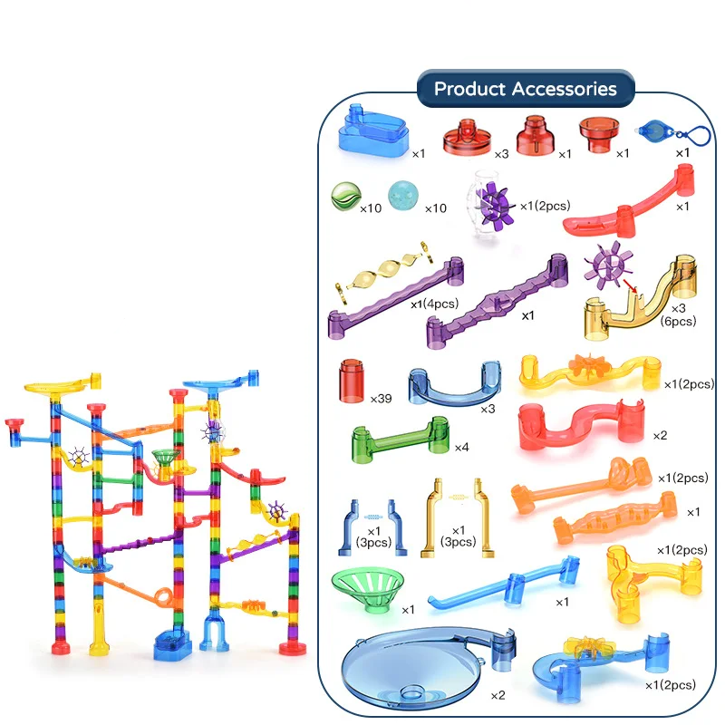 118-piece marble run and a guide to its colorful track components, marbles, and UV light