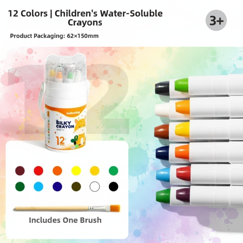 12-color water-soluble crayon set with one brush, handled case, color chart, and ages 3+ label