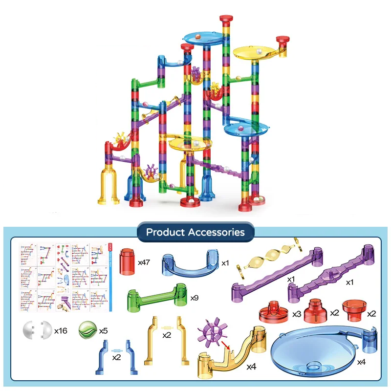 130-piece marble run shown assembled above its track pieces and marbles