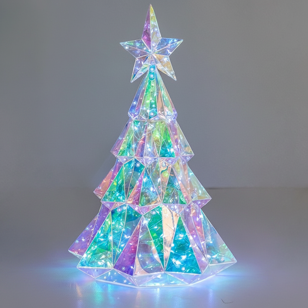 21 cm LED Christmas tree with clear faceted branches, multicolor lights, and a star topper