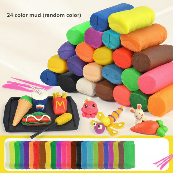24-color modeling clay pack with food and animal shapes made from clay