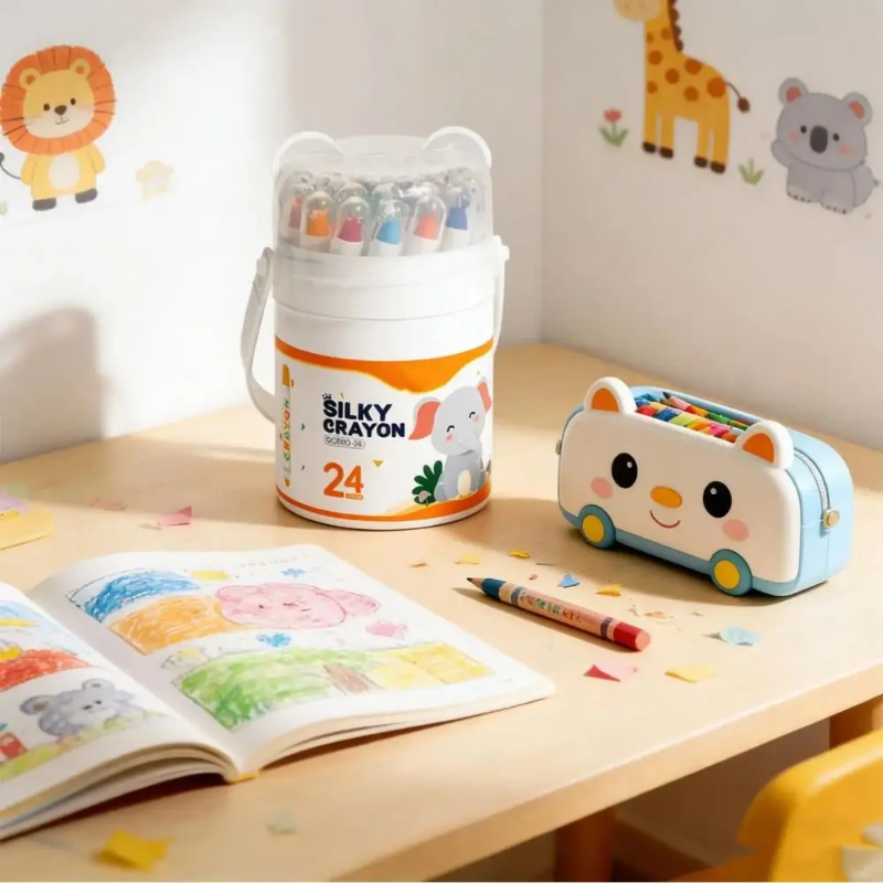 24-color crayon case on a desk with an open coloring book