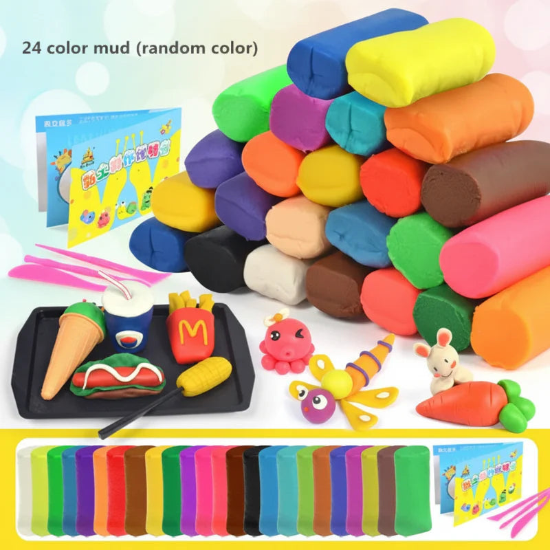 Stacked modeling clay in 24 colors with colorful food and animal creations