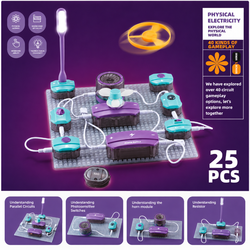 25-piece electronics kit with an LED rod, yellow propeller, and wired modules on a baseplate