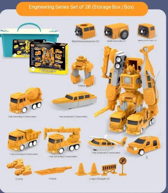 26-piece magnetic vehicle set showing a robot build, trucks, helicopter, boat, accessories and storage box.