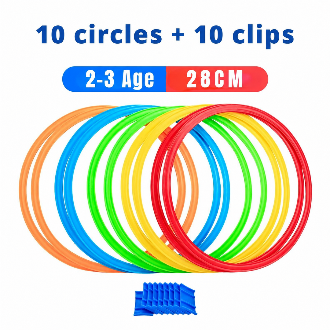 28 cm hoop set labeled for ages 2–3, with 10 colorful hoops and 10 blue clips