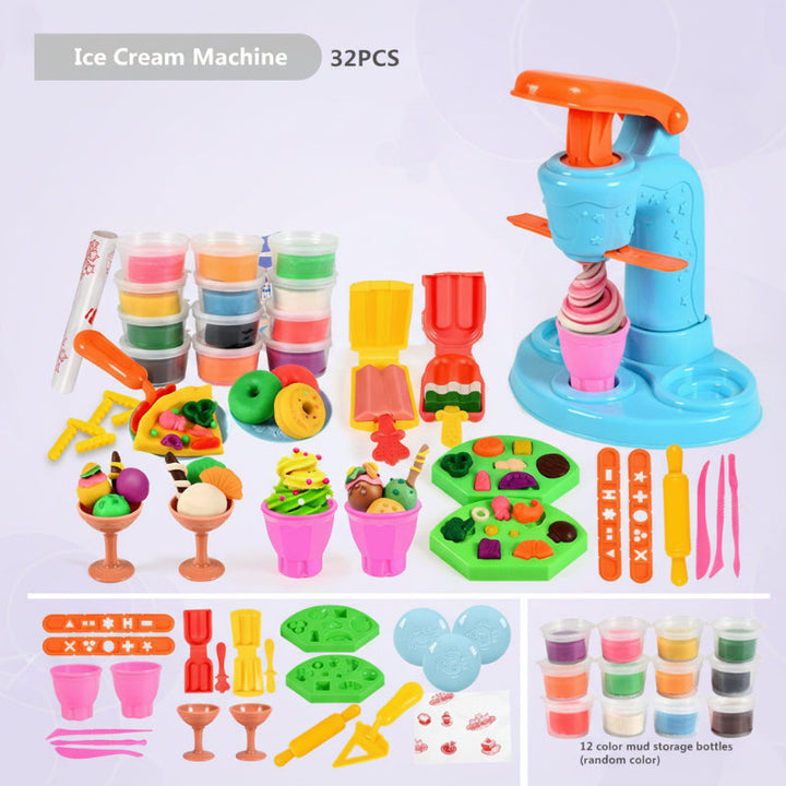 32-piece ice cream maker set with 12 clay colors, cups, molds, and shaping tools