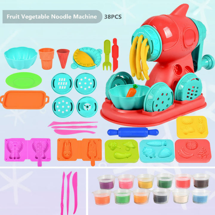 38-piece noodle machine set with 12 clay colors, shaping discs, molds, and utensils