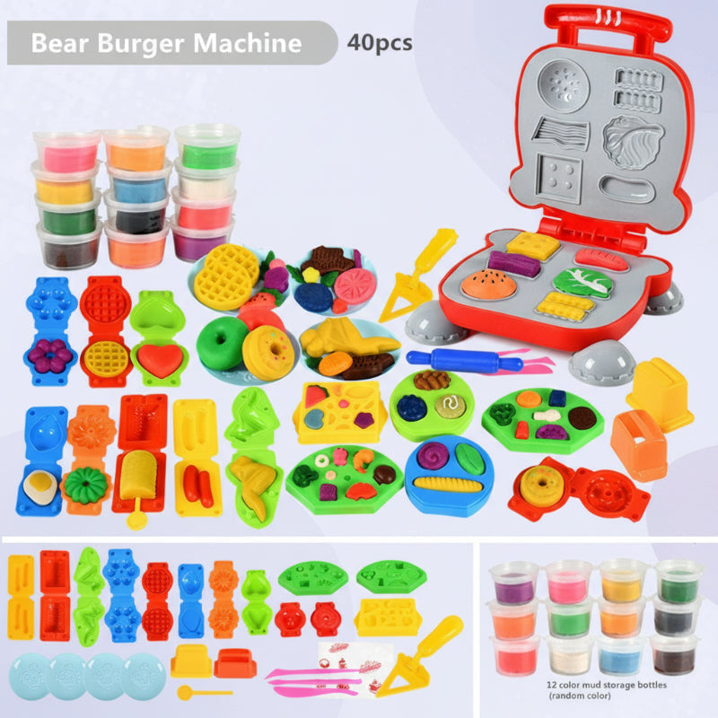 40-piece hamburger maker set with 12 clay colors, food molds, and shaping tools