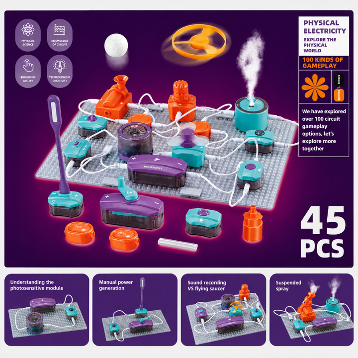 45-piece electronics kit with ball suspension, mist, manual-power, and sound modules