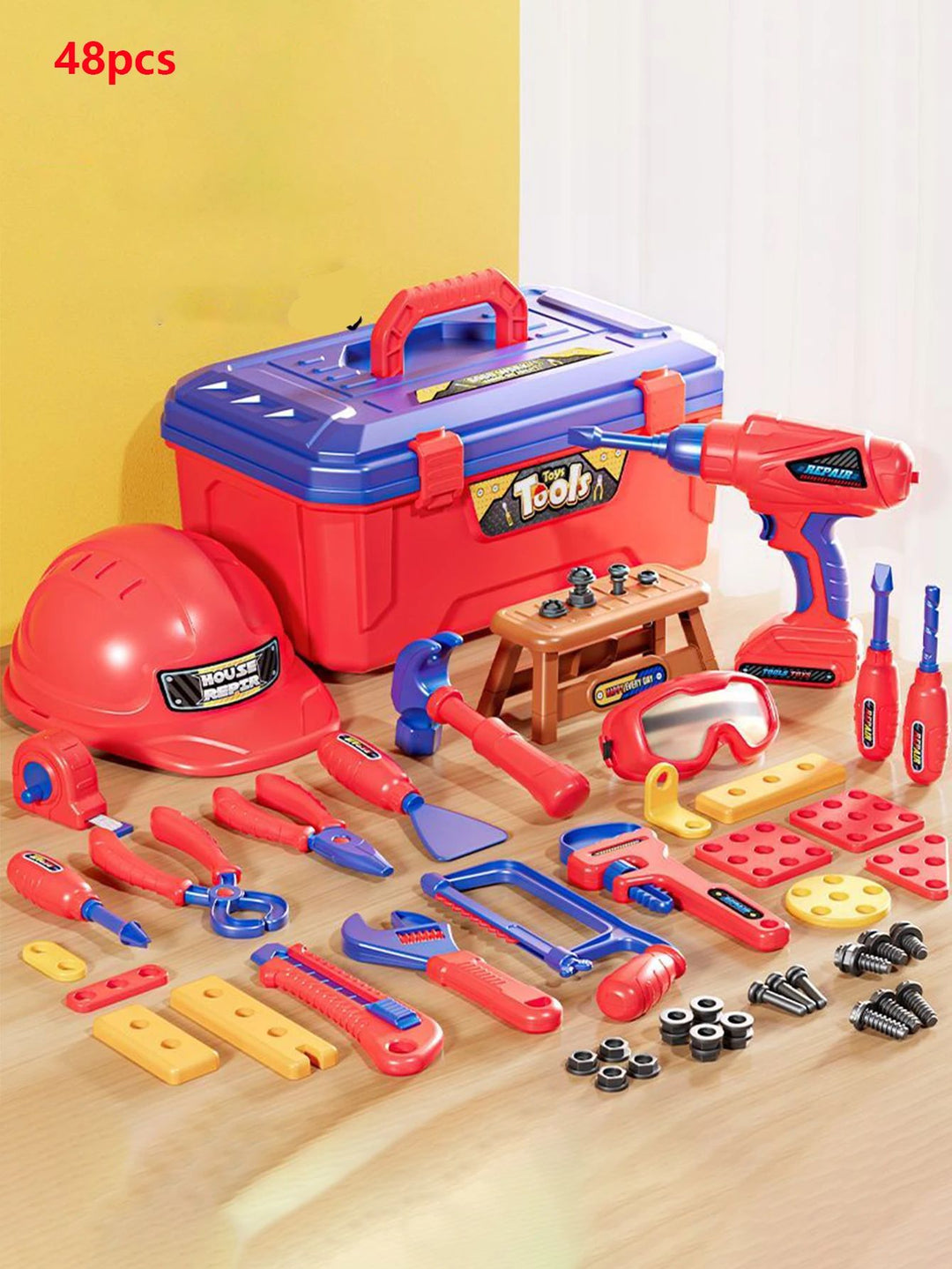 48-piece toy tool set with a red toolbox, toy drill, play helmet, goggles, and workbench