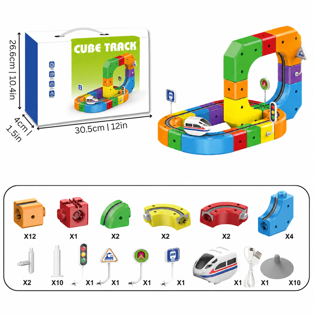 Colorful 51-piece cube train track with its box, package dimensions, and parts inventory.