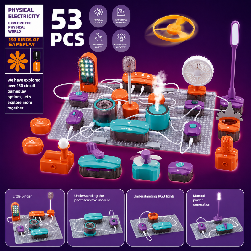 53-piece electronics kit with light panel, fan, microphone, mist, and sound modules