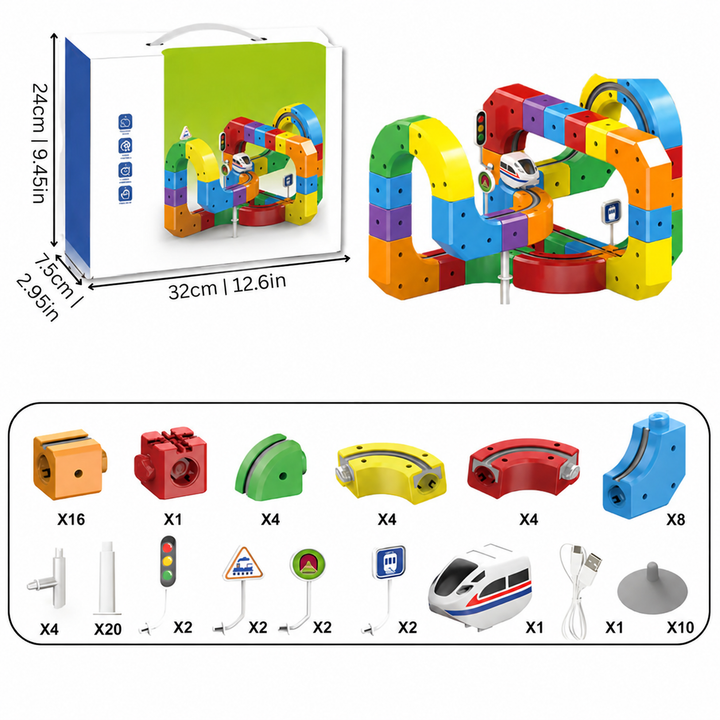 Colorful 81-piece cube train track with its box, package dimensions, and parts inventory.