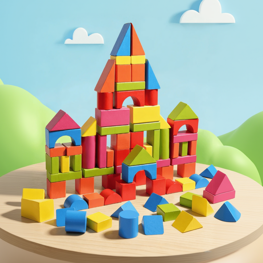82-piece colored wooden block set arranged as a castle with loose blocks in front