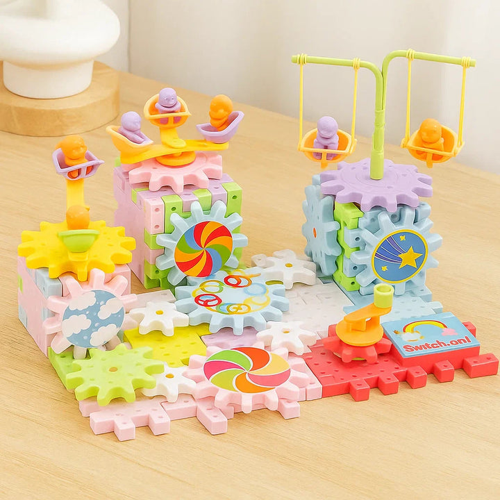 83-piece gear building set with pastel block towers, swings, and colorful gear wheels.