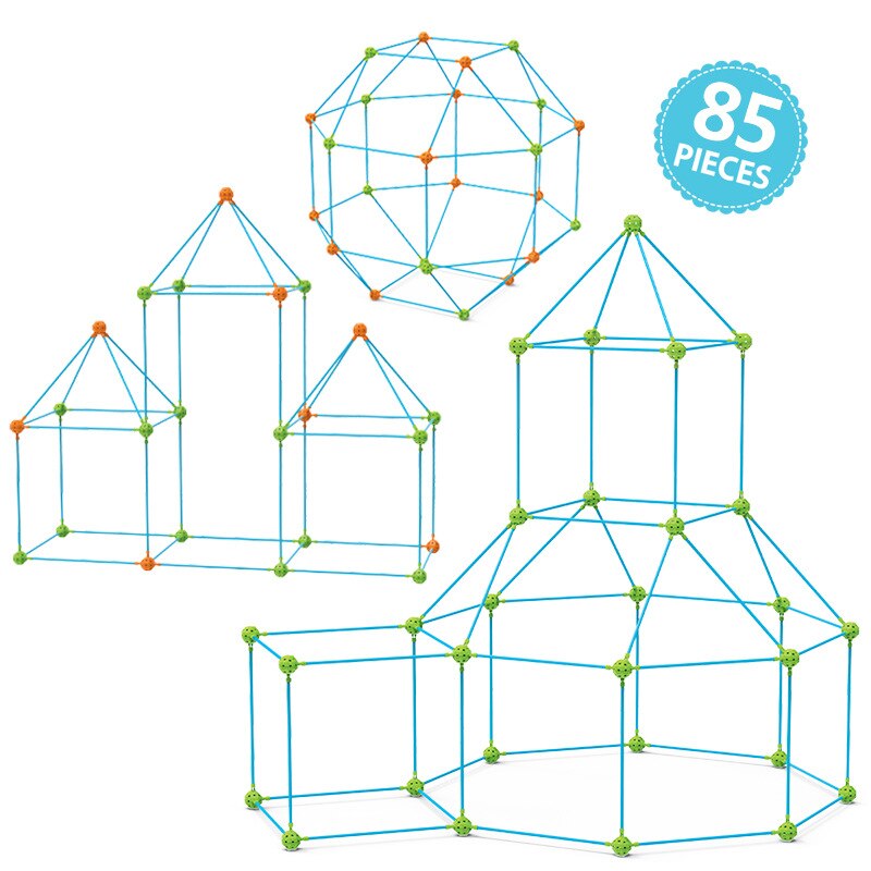 85-piece building kit shown in castle, tower, and rounded frame designs