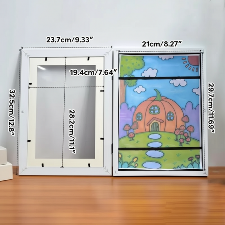 Art frame measurement chart showing outer dimensions, viewing opening, and A4 paper size