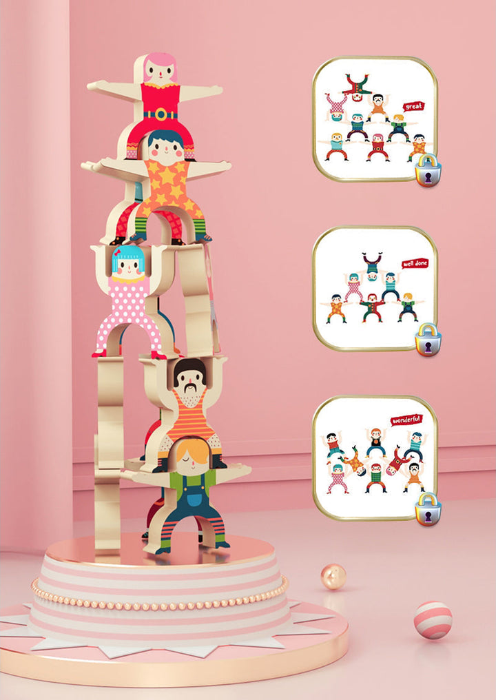 Colorful acrobat figures in a tall stack with examples of other stacking arrangements