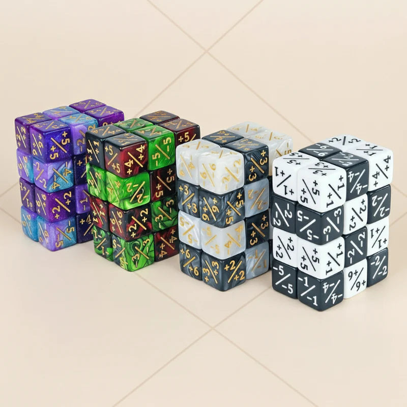 Acrylic counter dice arranged in stacks across several color combinations
