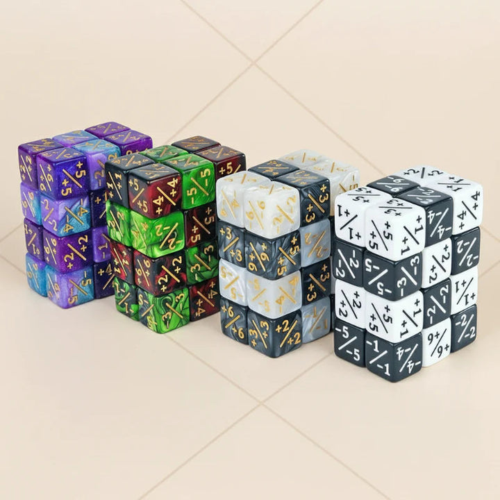 Acrylic counter dice arranged in stacks across several color combinations