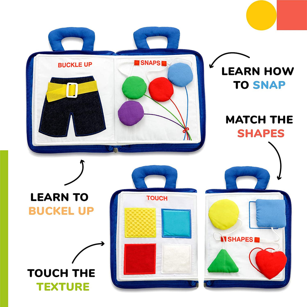Activity book pages with a buckle, snap-on circles, textured squares, and matching shapes