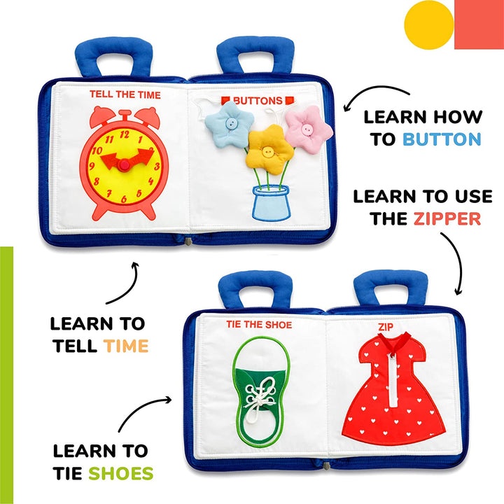 Activity book pages with a clock, flower buttons, shoelaces, and a dress zipper
