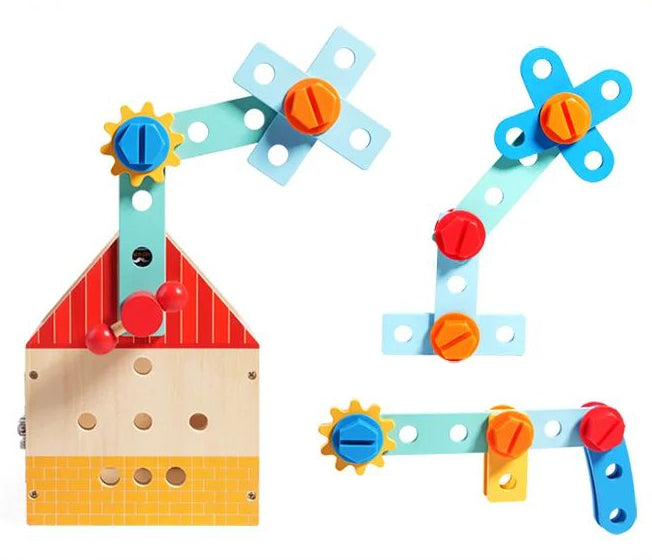 Wooden activity box with a propeller-style build and other bolted-strip constructions