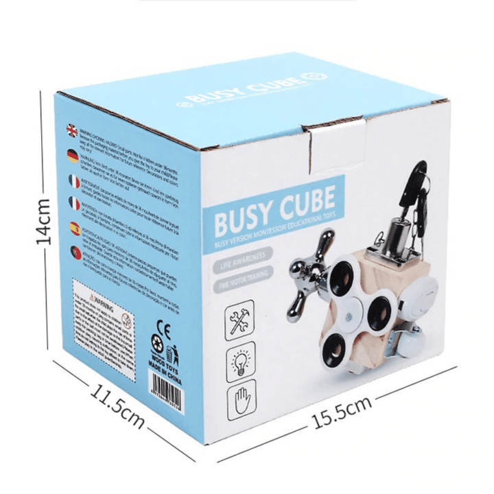 Box for a wooden sensory cube with 15.5 cm, 11.5 cm, and 14 cm measurement labels