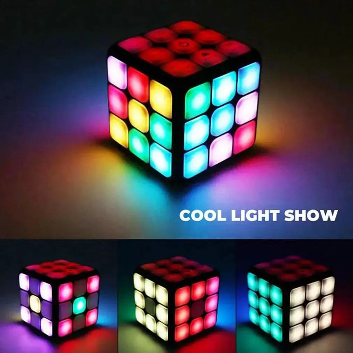 Activity cube displaying multicolored illuminated sides and different light patterns