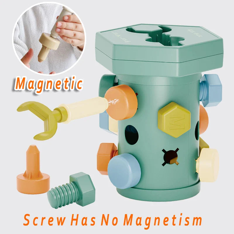 Toy wrench turning an orange screw on a green activity cylinder, with an inset of a hand holding a piece.