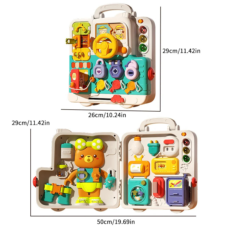 Folded and open activity suitcase with measurements of 26 by 29 cm and 50 by 29 cm