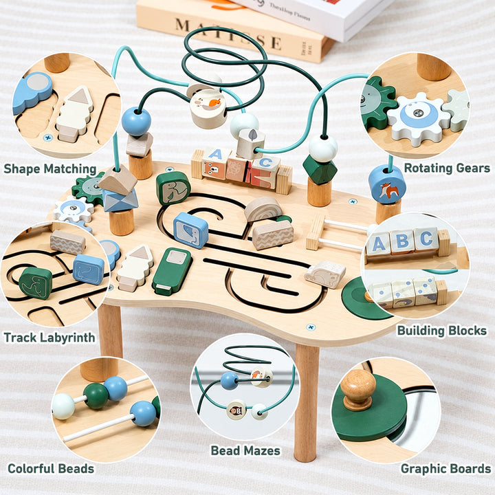 Activity table overview highlighting shape matching, gears, sliding tracks, letter blocks, and bead mazes