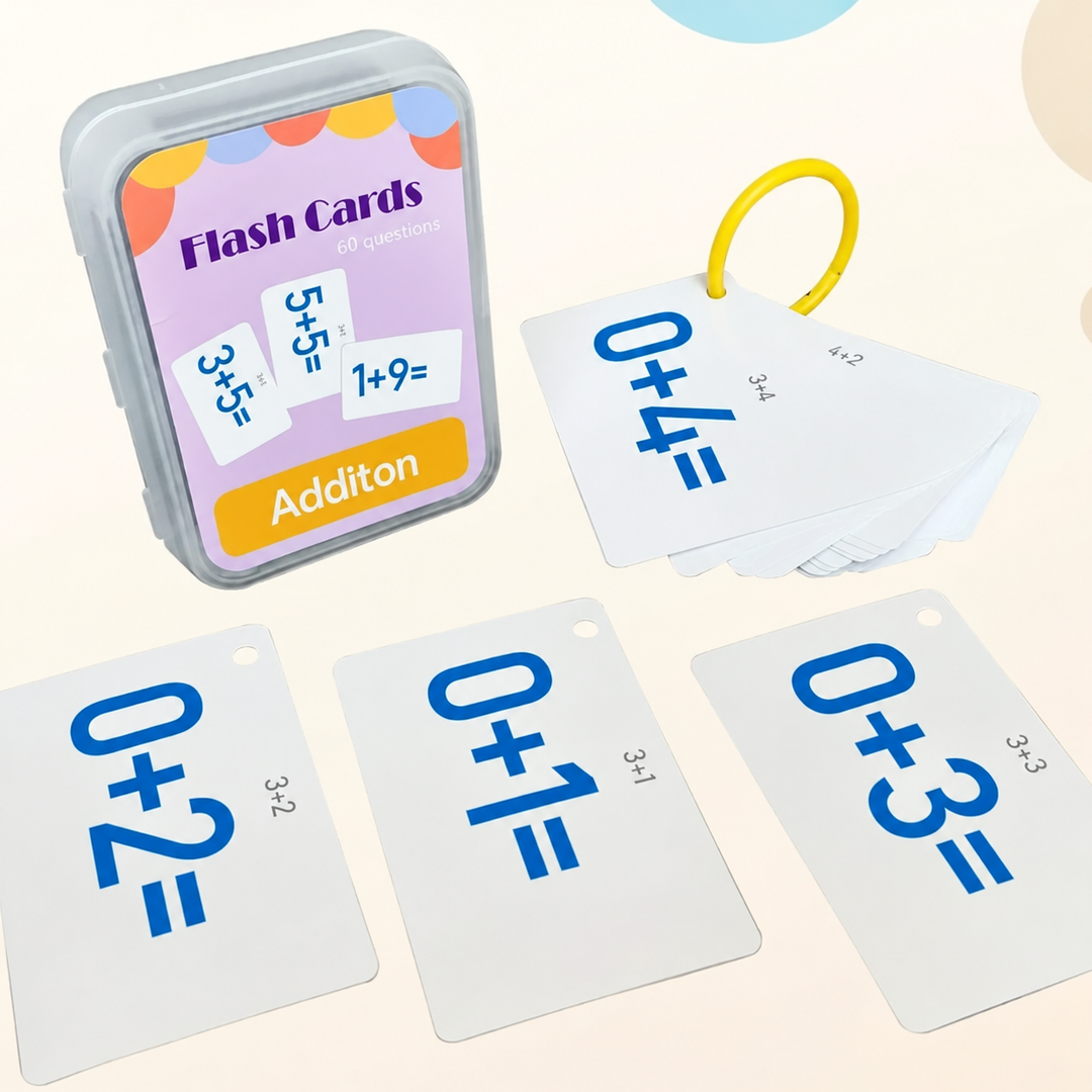 Addition flash cards with blue equations, a yellow ring, and storage case.