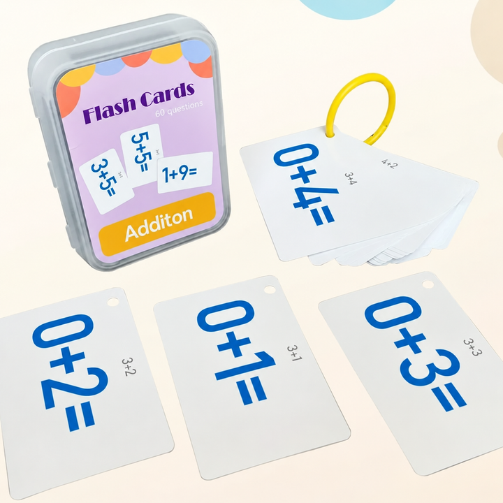 Addition flash cards with blue equations, a yellow ring, and storage case.