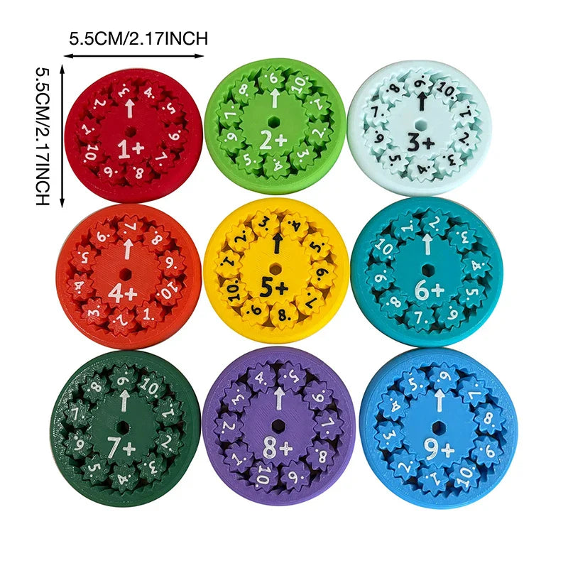 Colorful addition spinner set with 5.5 cm dimensions marked beside the red disc.