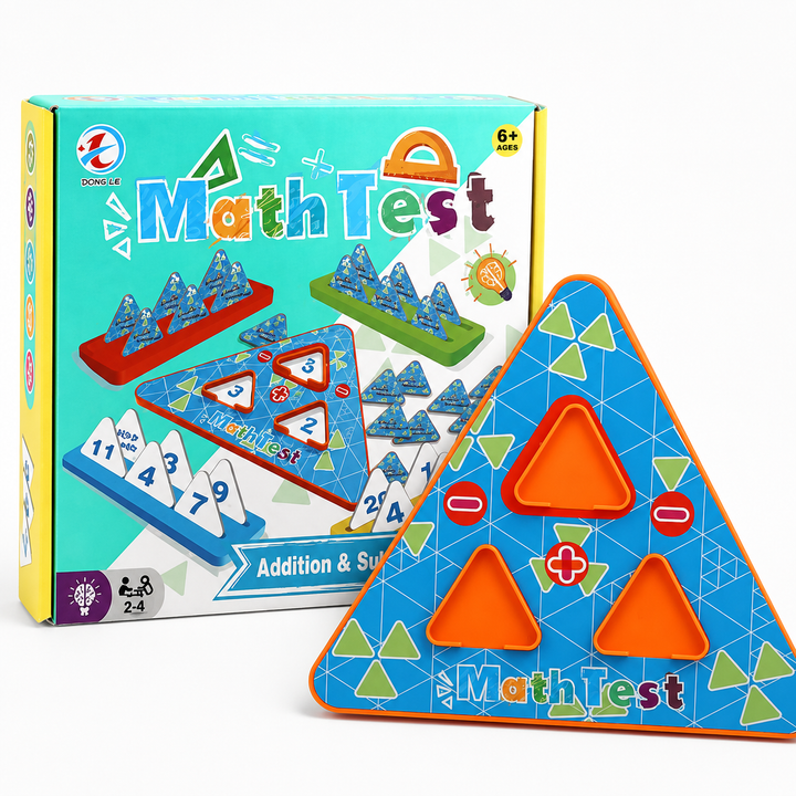 Addition and subtraction game box beside a blue triangular board with orange number spaces