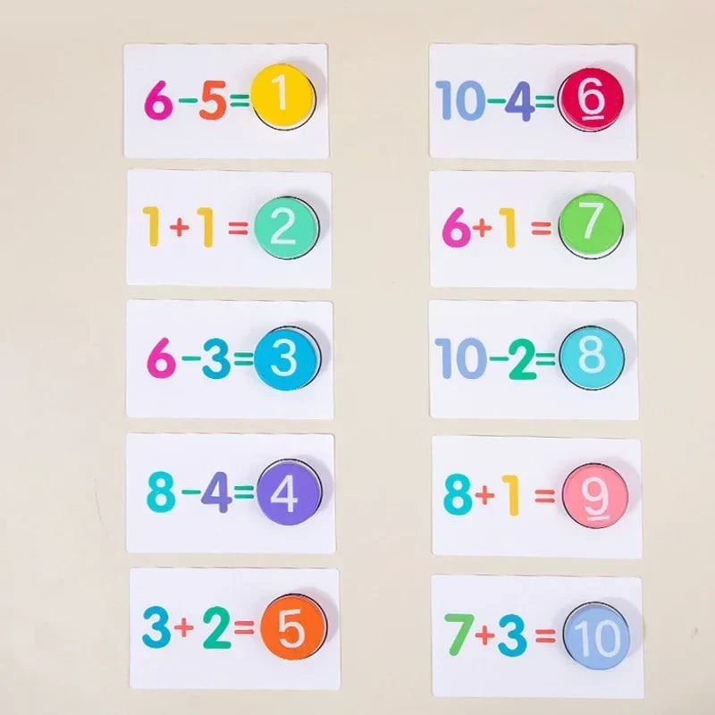 Ten addition and subtraction cards completed with number tokens from 1 to 10