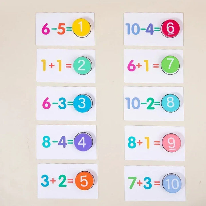 Ten addition and subtraction cards completed with number tokens from 1 to 10