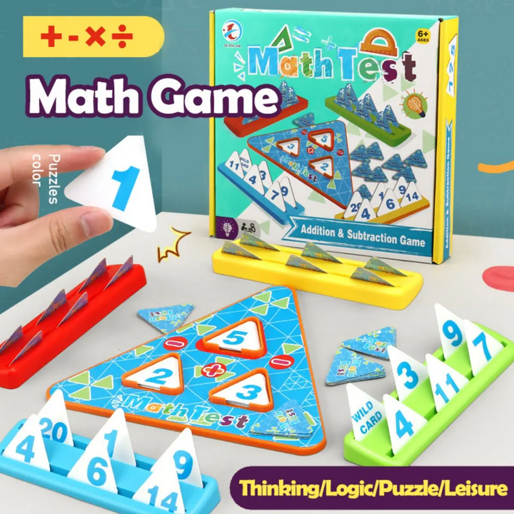 Hand holding a triangular number card above an addition and subtraction game setup