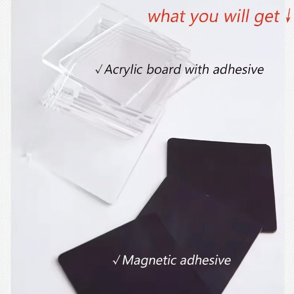 DIY magnet components with clear acrylic pieces, adhesive layers and black magnetic squares.