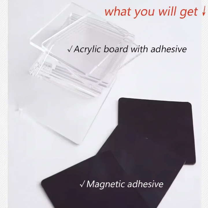 DIY magnet components with clear acrylic pieces, adhesive layers and black magnetic squares.