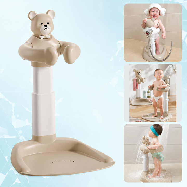 Bear-themed bath stand with three inset views of children using it during bath and shower routines