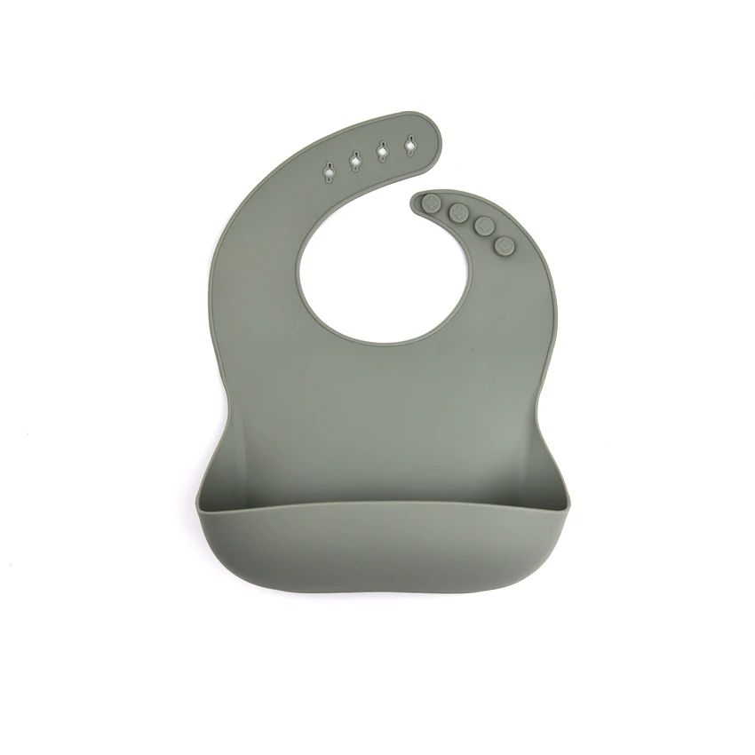 Silicone bib with an open food pocket and adjustable neck fastening on a white background.