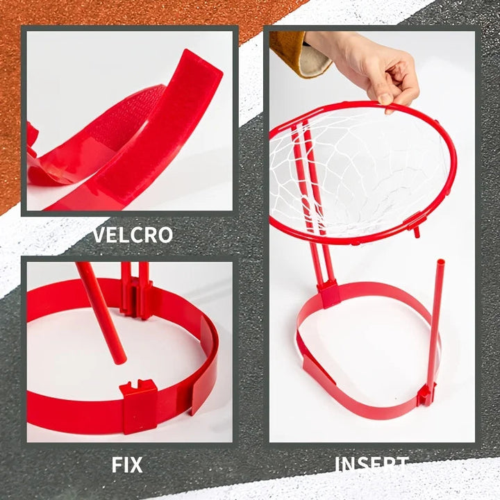 Close-ups of the adjustable red headband fastener, support posts, and hoop assembly