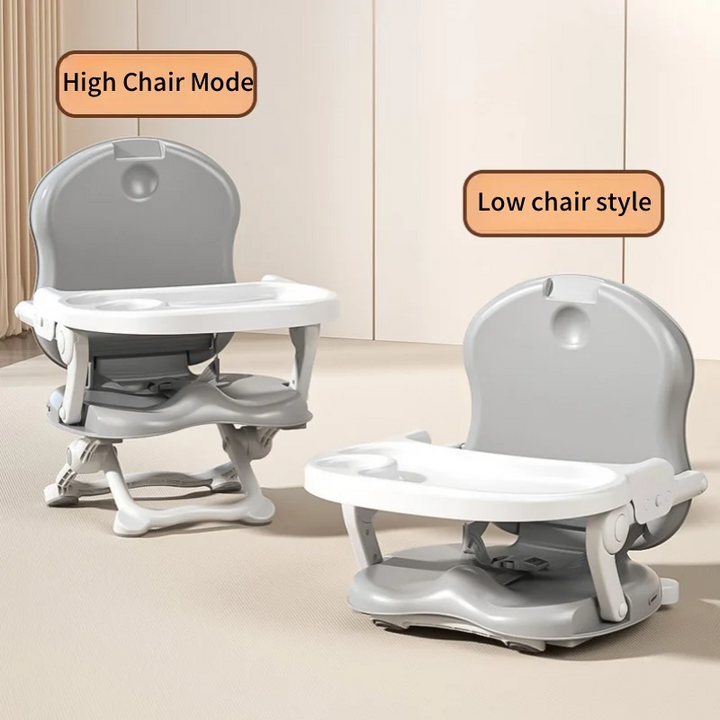 Gray feeding chair shown in raised and low seating positions