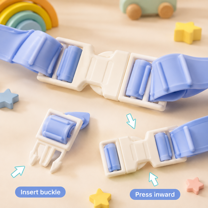 Close-up of the blue shower cap strap showing the buckle open and fastened