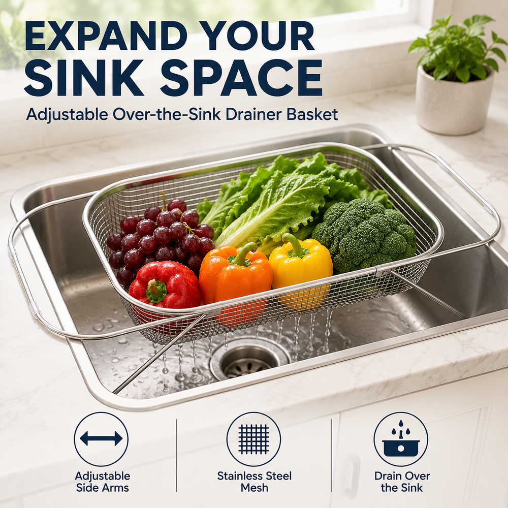 Adjustable Stainless Steel Over Sink Draining Basket Product Image 02